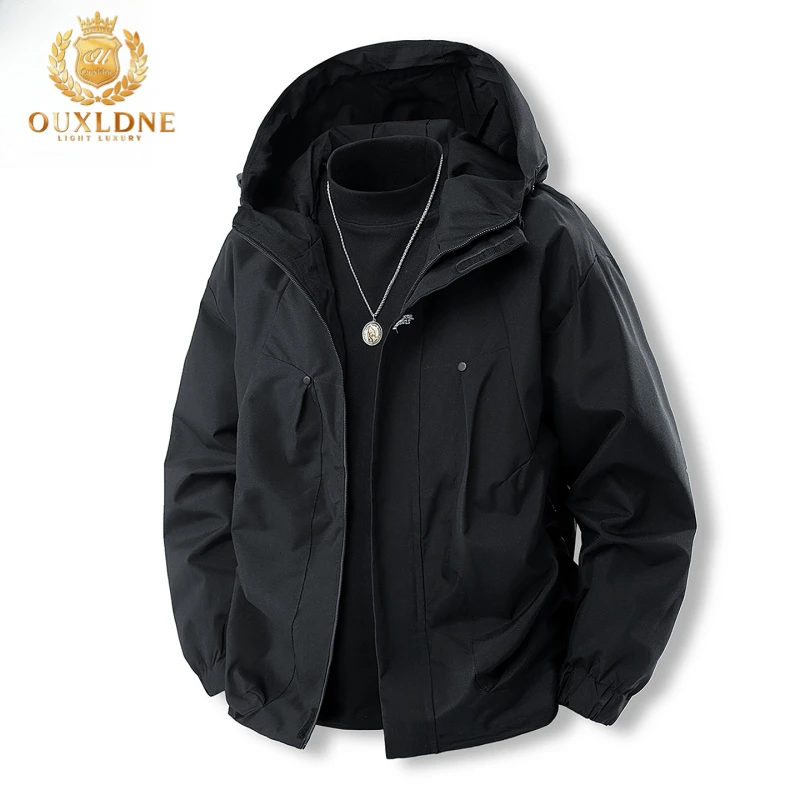 OUXLDNE 户外冲锋衣男款连帽休闲夹克秋季新款潮流百搭男上衣外套