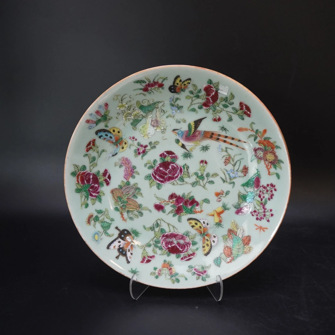 Lot.25091042清道光豆青釉花鸟纹赏盘 直径：约24.6cm