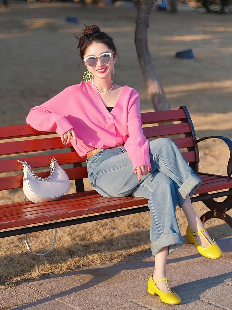 秋装搭配一整套高级感小香风V领针织开衫高腰牛仔阔腿裤两件套装