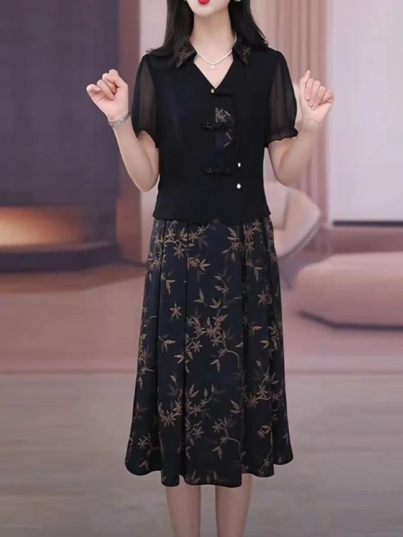F722 新款时尚假两件夏季中长款设计师优雅中式国风收腰女士裙子