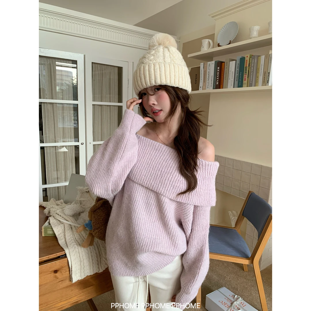 氛围美女 一字肩毛衣韩系秋冬宽松针织中长款露肩上衣