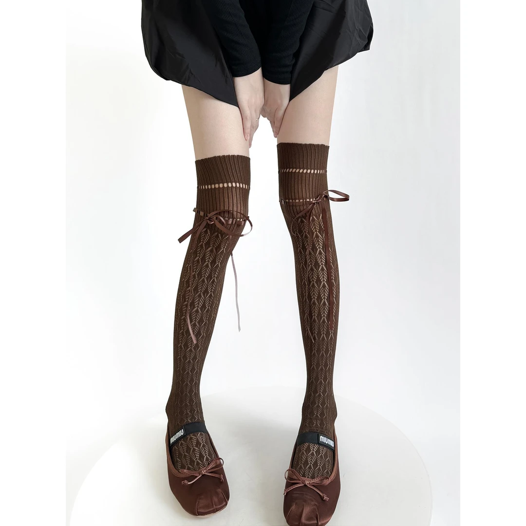 袜子深咖色蕾丝绑带过膝袜女薄款高弹力高筒菱形镂空长筒大腿袜