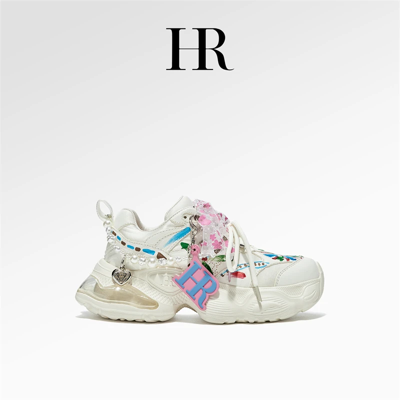 HR/赫莲娜【绮梦繁花】秋冬老爹鞋系带涂鸦拼色时尚休闲百搭