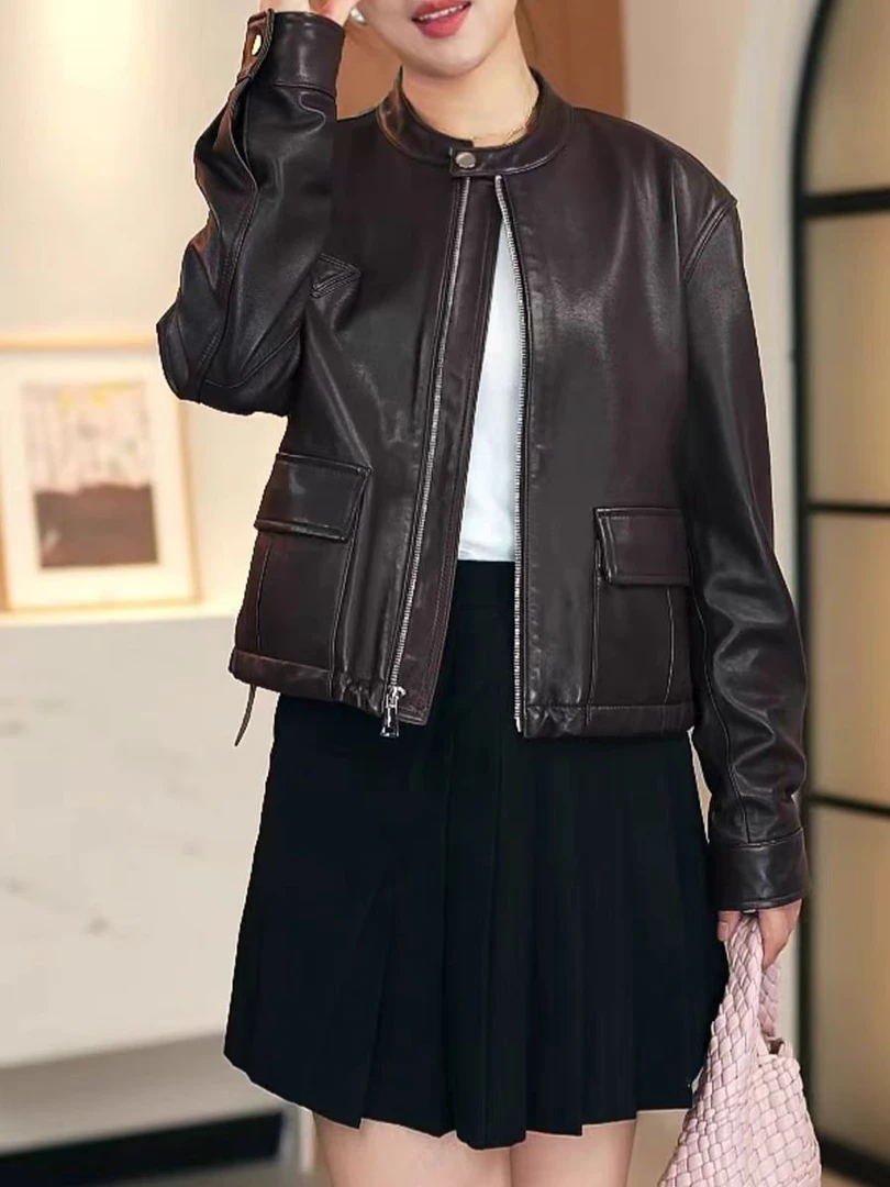 海宁真皮外套女短款拉链立领气质减龄春秋款皮衣皮夹克小个子洋气