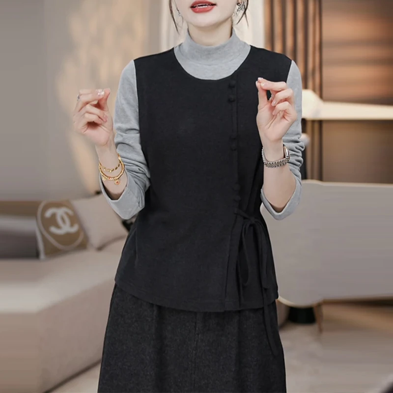 设计感侧边系带假两件T恤女2025冬季新款韩系半高领宽松显瘦上衣