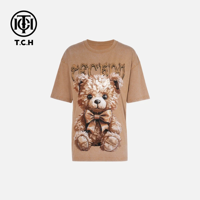 TCH轻奢烫钻工艺时尚休闲百搭舒适卡通T恤女T75B10E1017私服tch