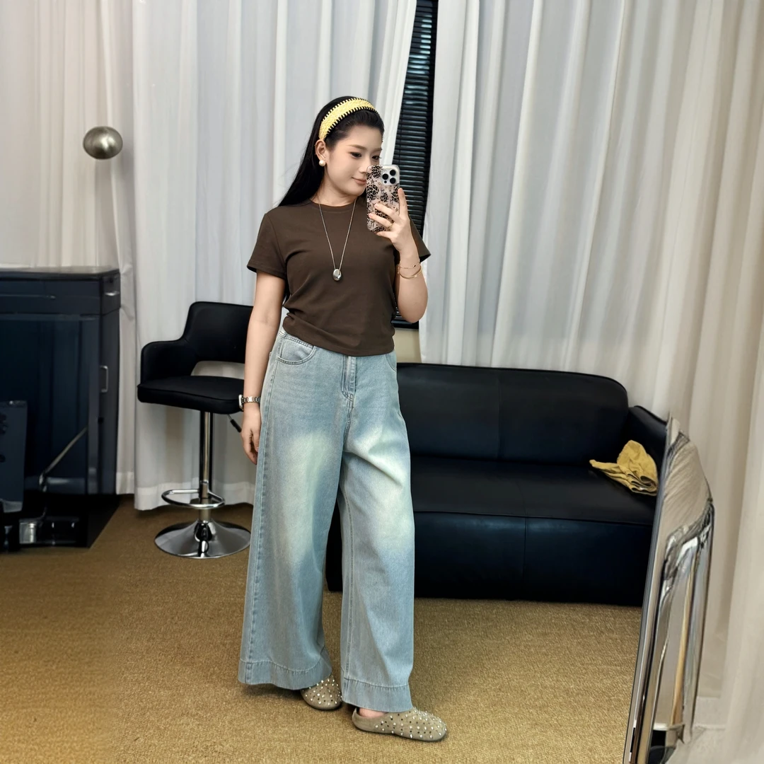 韩系阔腿蓝色牛仔裤高腰宽松直筒显瘦九分大码休闲水洗