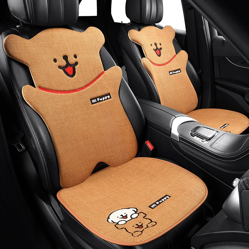汽车坐垫夏季可爱卡通透气四季通用半包围座椅套男单座垫5座棉麻