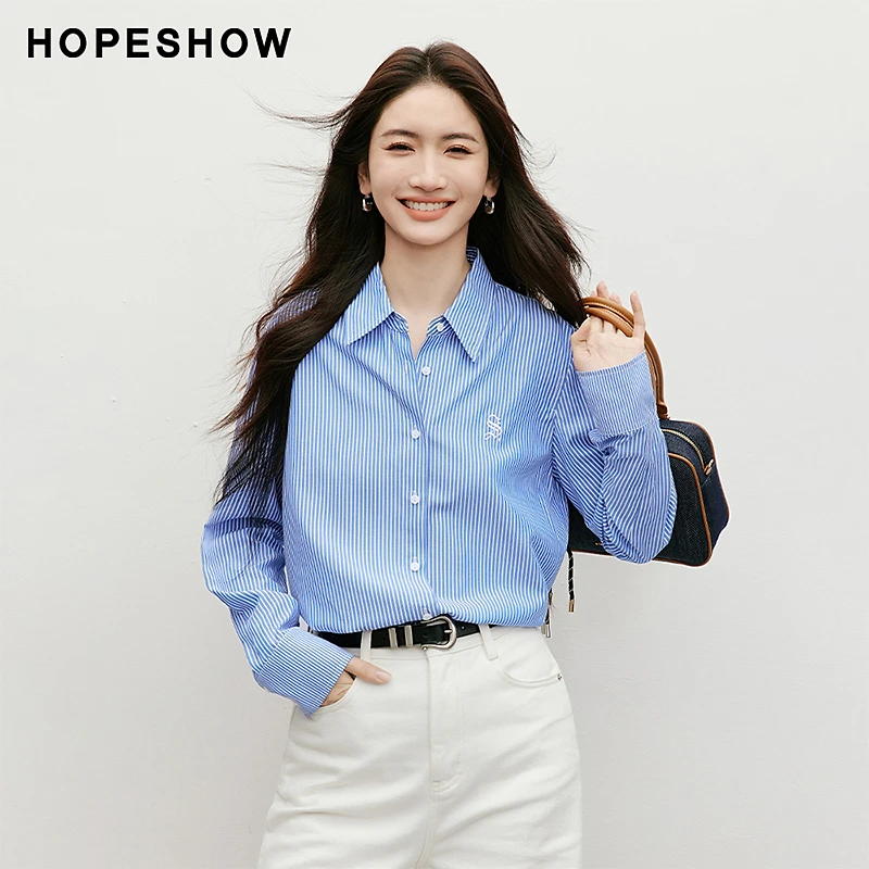 红袖2025春季新款女装 条纹刺绣单排扣翻领一手长衬衫90225050301