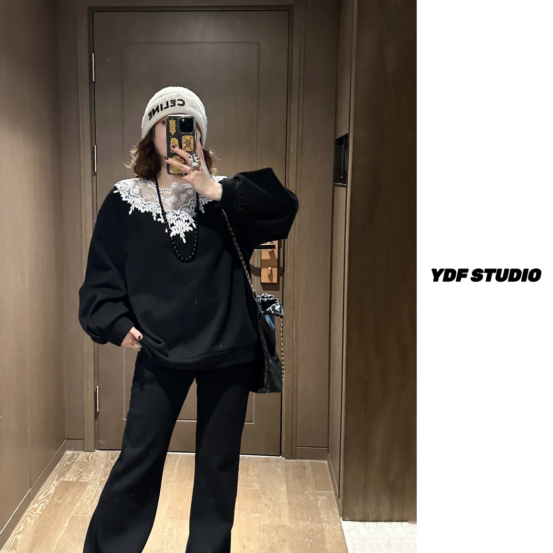YDFSTUDIO小众【优雅女士】高定蕾丝拼接设计百搭加绒卫衣+喇叭裤