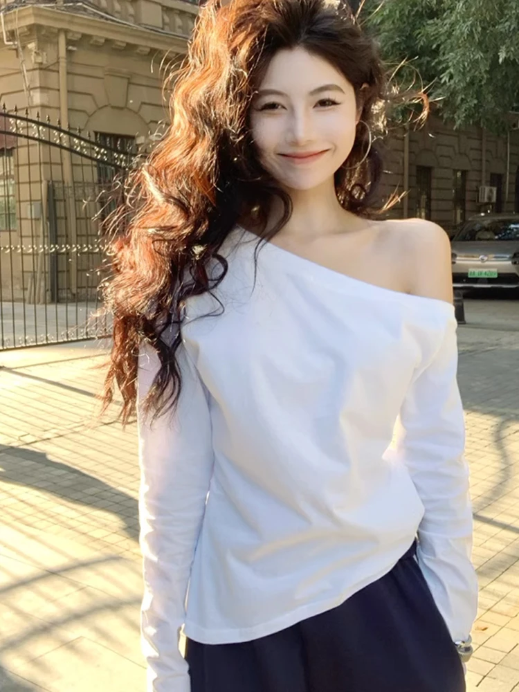 斜肩上衣流光风t恤女2025新款打底衫纯欲风白色chic内搭早秋穿搭