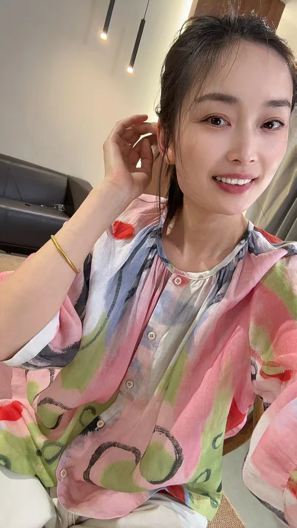 25688-中袖涂鸦苎麻衬衫时尚百搭舒适衬衣