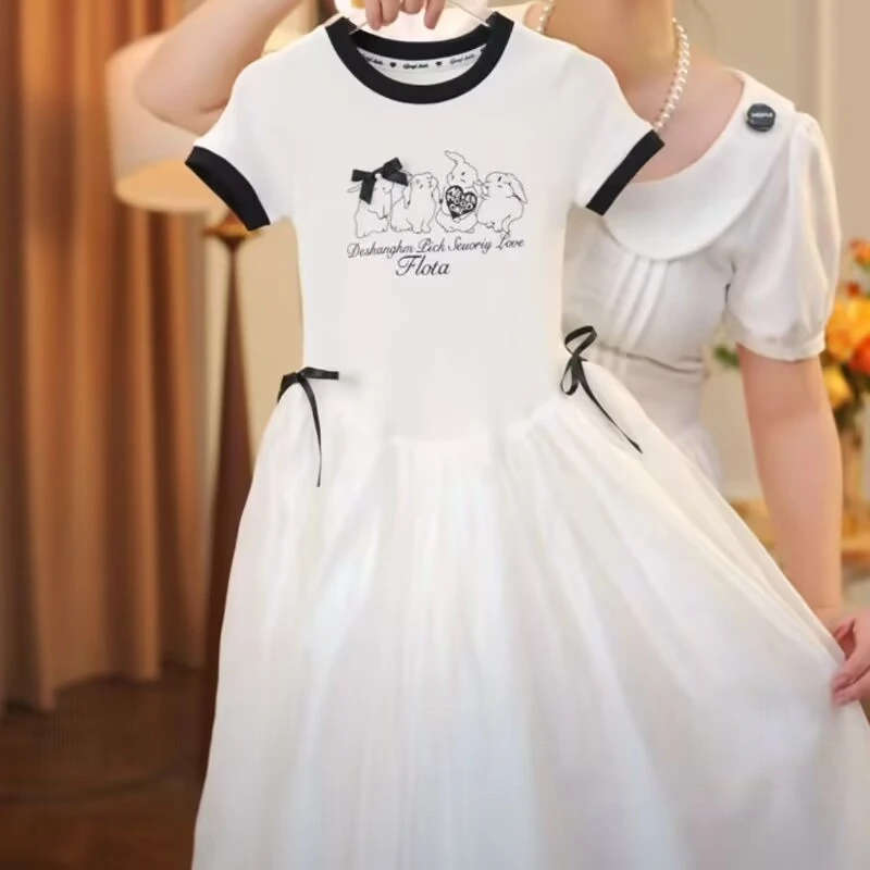 女童夏装短袖连衣裙2025新款儿童网红卡通裙子中大童拼接公主裙潮