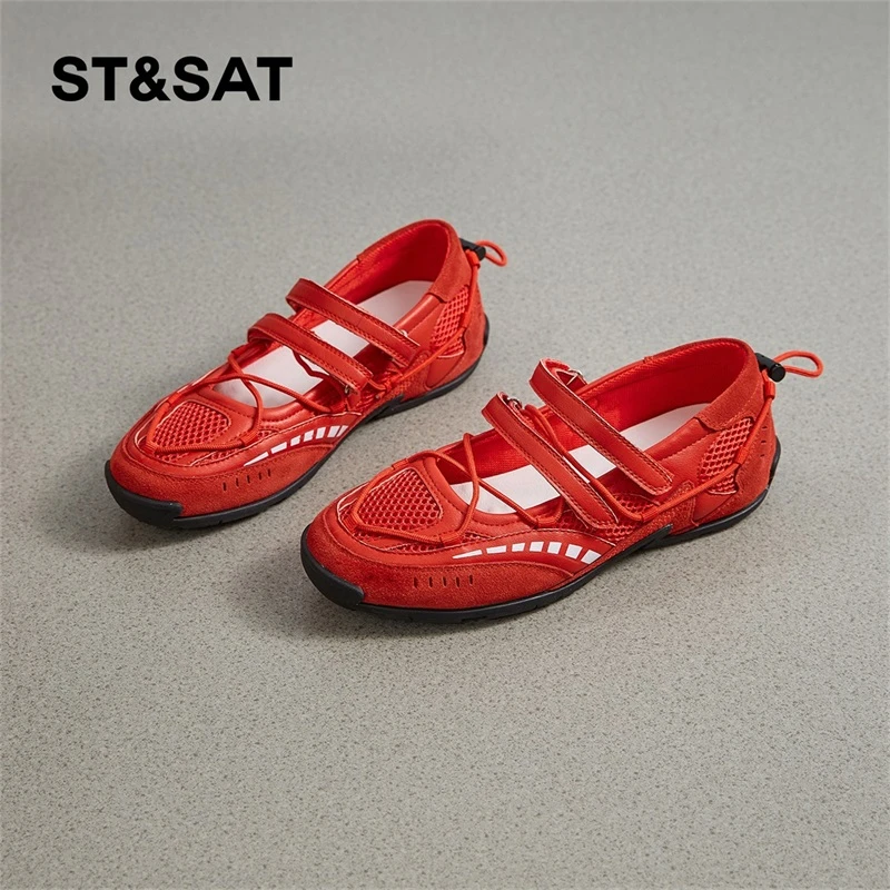 星期六红色芭蕾舞鞋女款2025新款网面透气复古小众软底玛丽珍鞋女