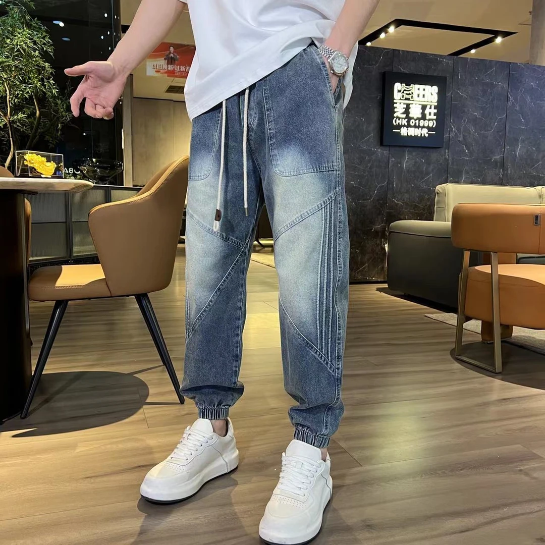 新款高端做旧牛仔潮牌痞帅潮流束脚男裤