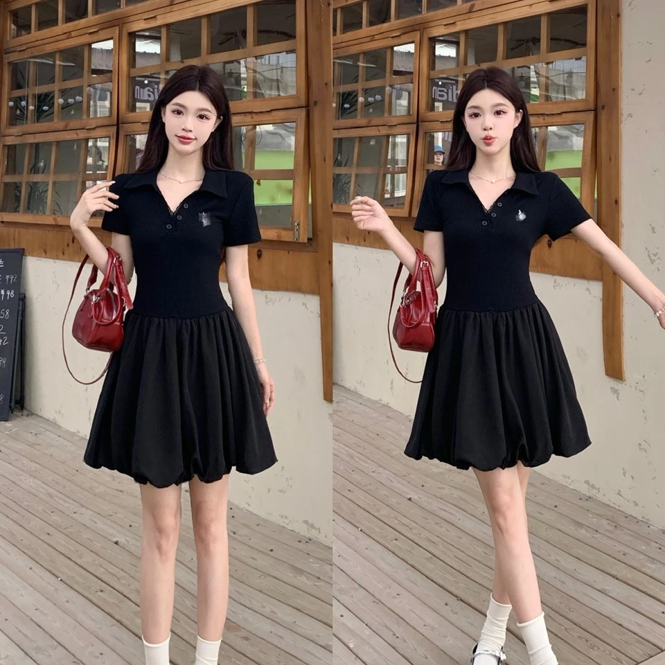 大码显瘦小黑裙蕾丝v领花边甜美复古气质收腰花苞连衣裙6933
