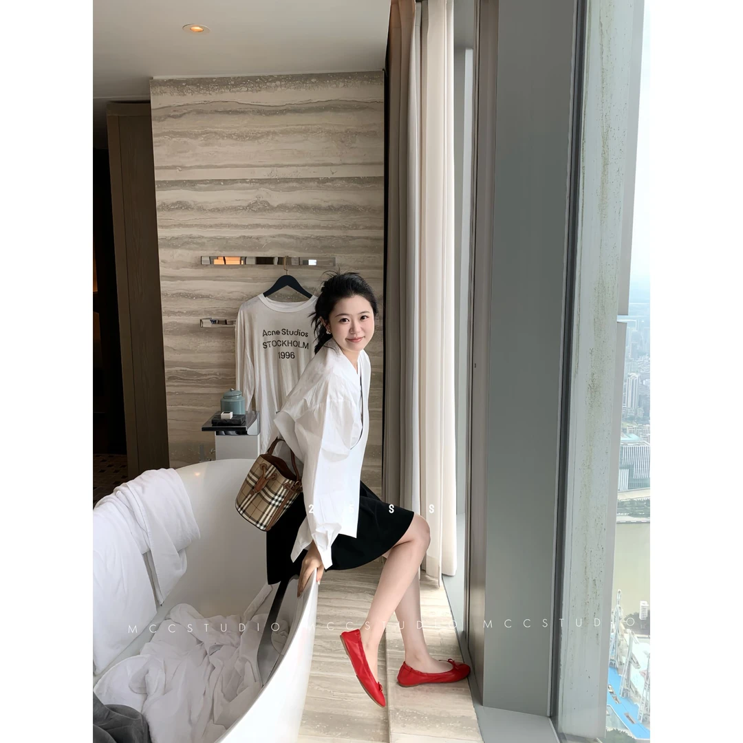 MCcStudio韩女白衬衫 100棉v领隐形扣衬衫#9193