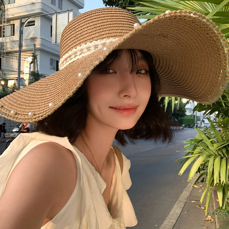 法式珍珠蕾丝大帽檐草帽女夏季2025新款度假风遮阳防晒太阳帽子潮