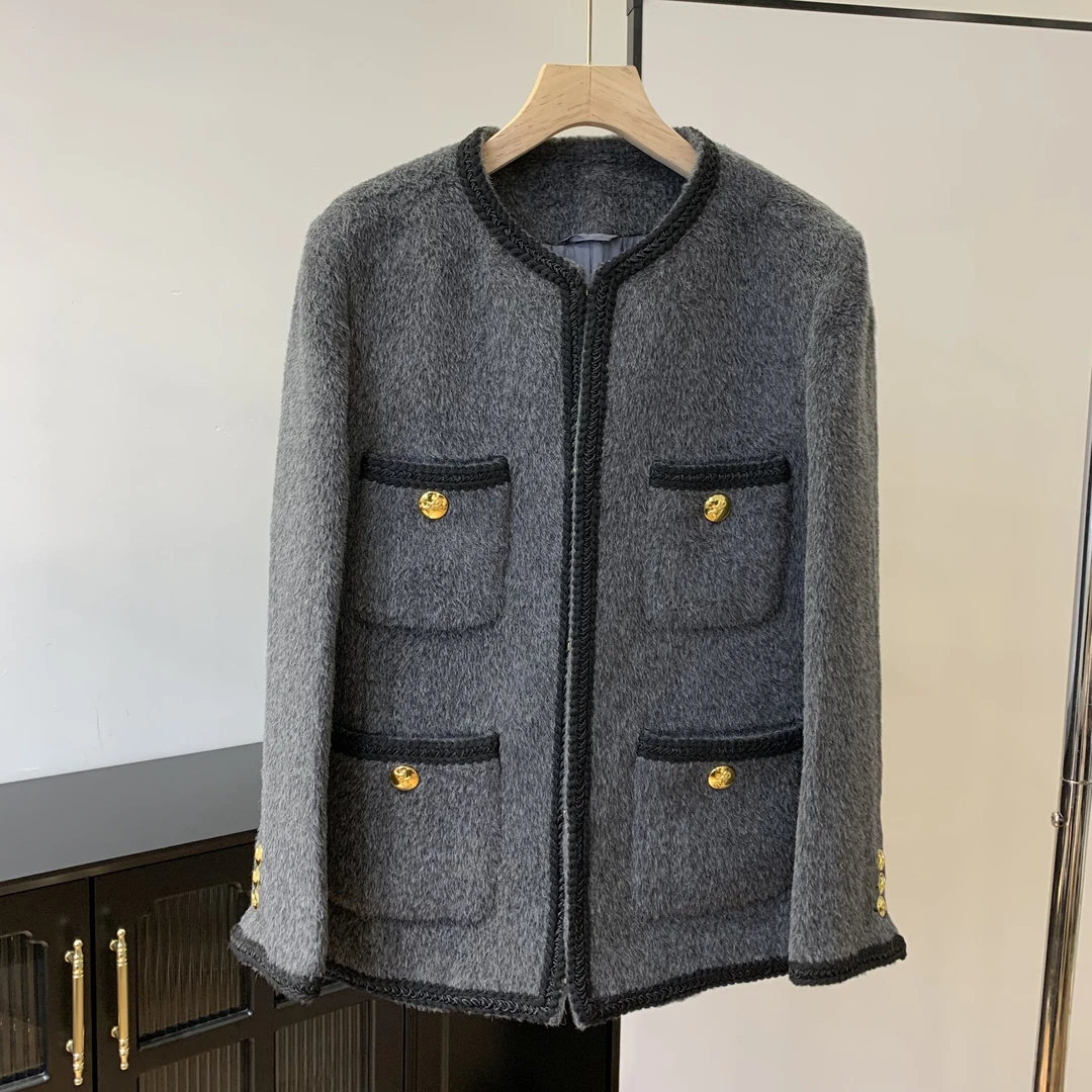 （中长款小香风）苏丽羊毛小香风短外套上衣羊驼毛长毛