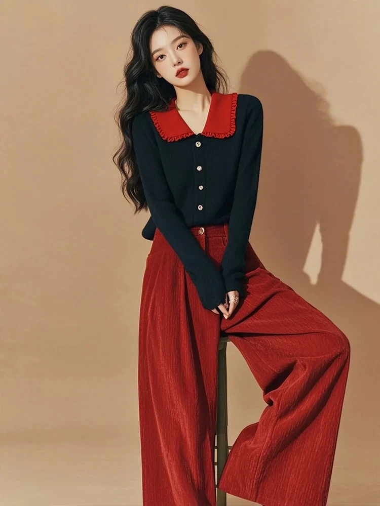 4083+4084韩系一整套女高级感开衫毛衣休闲裤超好看漂亮两件套