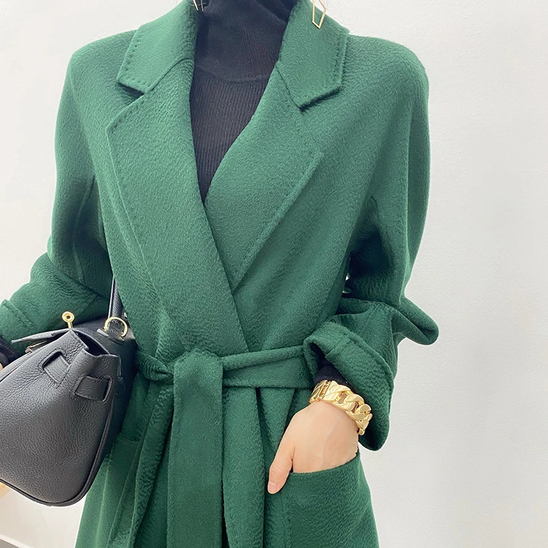 顾佳同款水波纹羊毛双面呢大衣女中长款纯澳毛浴袍款气质毛呢外套