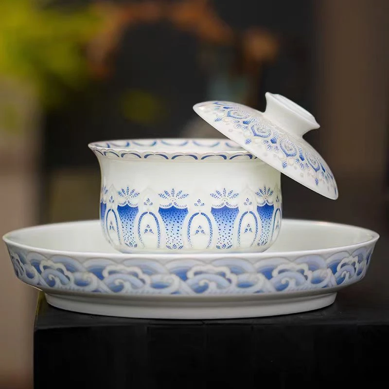 青花银月重莲悬停旋转三才盖碗功夫茶具家用泡茶碗套装杯0881