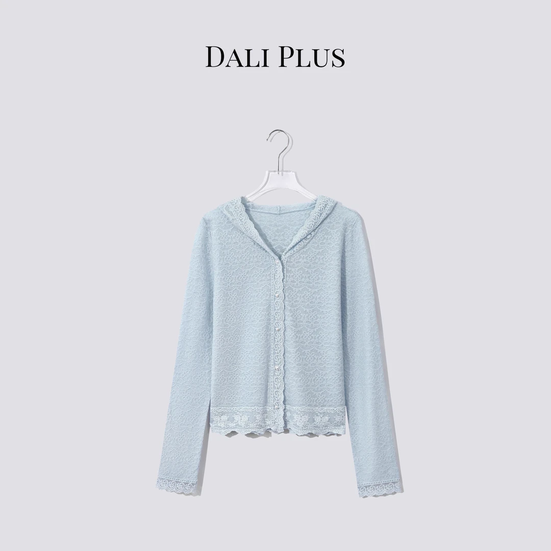 DALI PLUS桑蚕丝羊毛提花蕾丝帽衫长袖针织开衫-D5CK2063