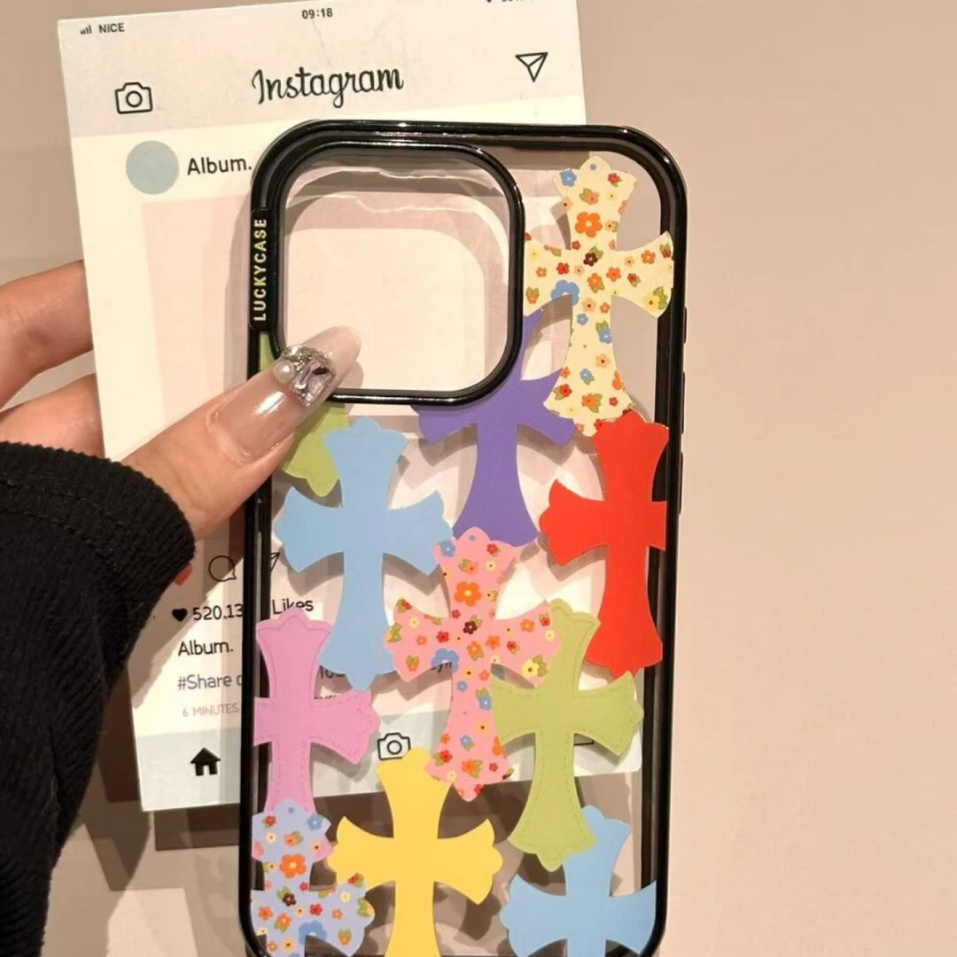 卡通可爱透黑彩色满屏十字架壳适用苹果16promax/15/14全包防摔13