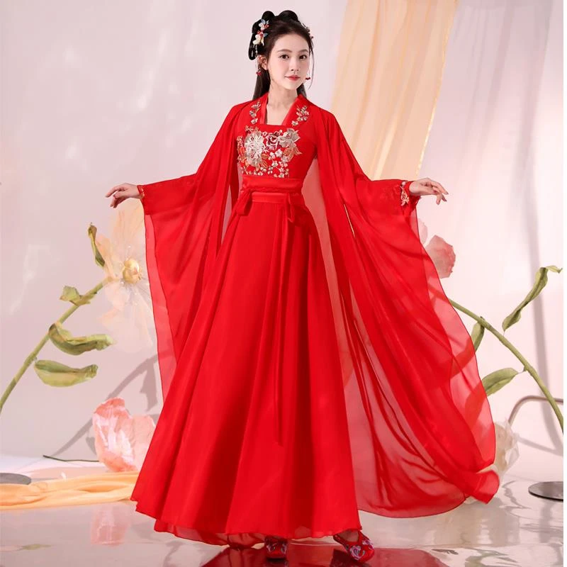 红色汉服女仙气飘逸古风夏季成人改良古装超仙广袖古典舞蹈演出服