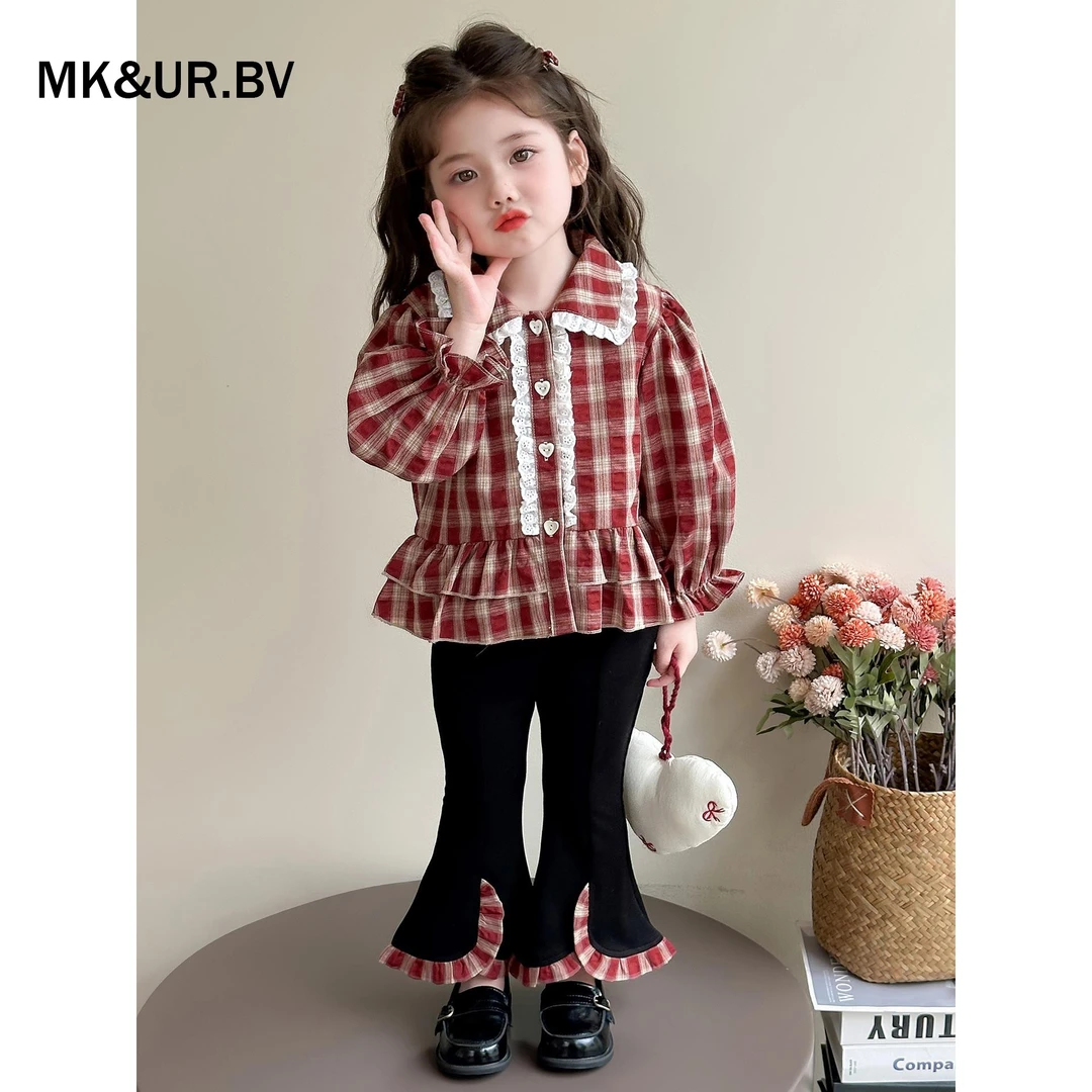 MK&UR.BV女童秋季套装2025新款儿童洋气长袖格子衬衫喇叭裤两件套