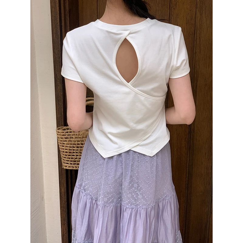 NEW OPEN短袖t恤女夏2025新款小众镂空透气辣妹纯色正肩上衣S5023