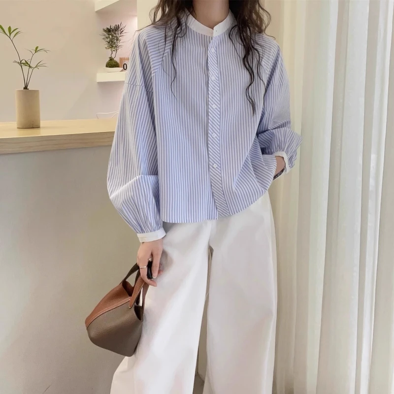 卡莲格/大码女装不规则宽松长袖上衣秋季韩系风立领拼色条纹衬衫