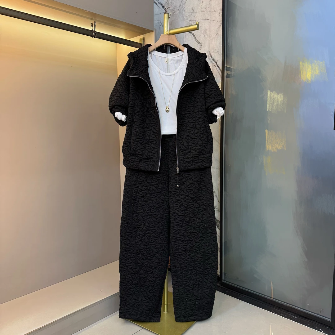 2025新款气质运动风时尚设计简约欧货连帽上衣外套+裤子套装2049