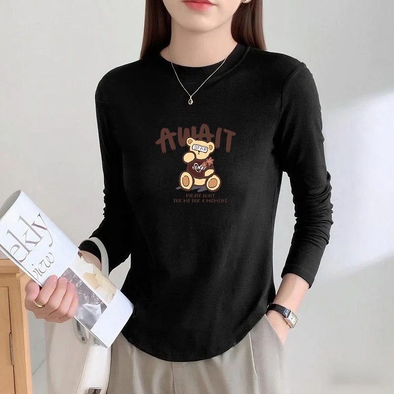新款纯棉不规则t恤白色长袖T恤女春秋洋气打底衫舒适显瘦百搭圆领