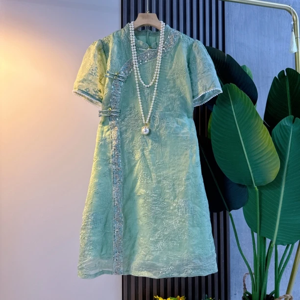 新中式旗袍夏季新款大码女装国风盘扣绣花连衣裙中国风轻奢