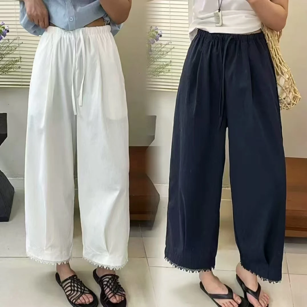 夏季新款蕾丝花边睫毛宽松九分显瘦休闲阔腿裤021