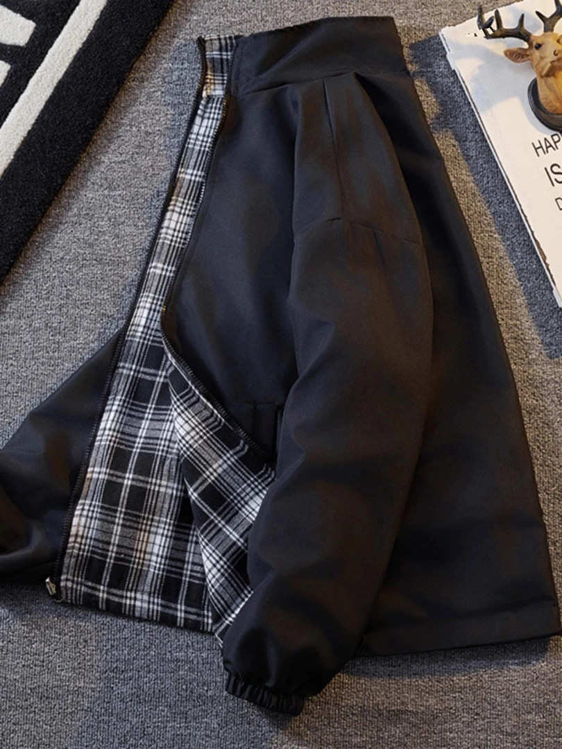 格子双面穿春秋季痞帅外套男立领光板双面夹克休闲潮流情侣外套上