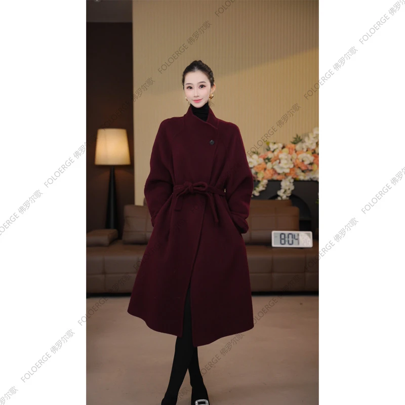 雷雷高级设计感大翻领气质小个子慵懒风双面绵羊毛大衣外套