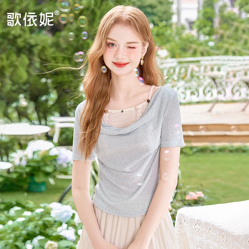 夏季女装甜美蓝色气质波西米亚风遮肚子显瘦假两件短袖T恤上衣