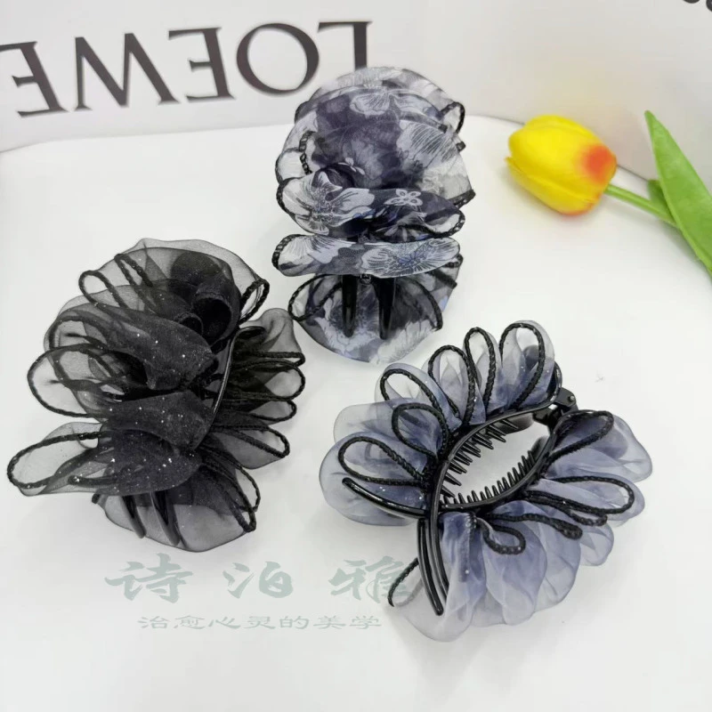 诗泊雅 高定黑纱星芒缀饰奢华抓夹式丸子头造型配饰