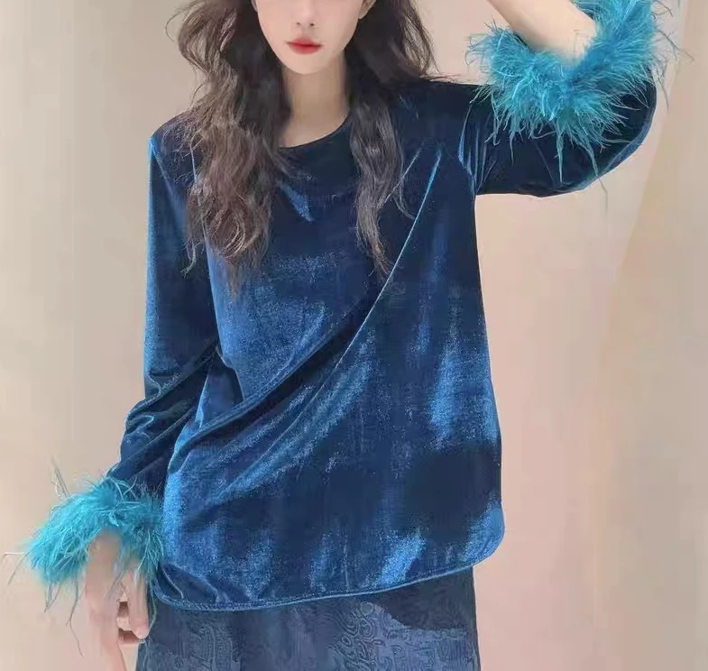 【仙羽】新中式袖口真毛毛气质百搭丝绒打底圆领显瘦