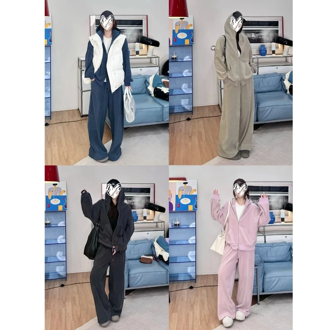 【率性姿态！】美式连帽绒感卫衣外套+全松紧高腰弯刀阔腿裤