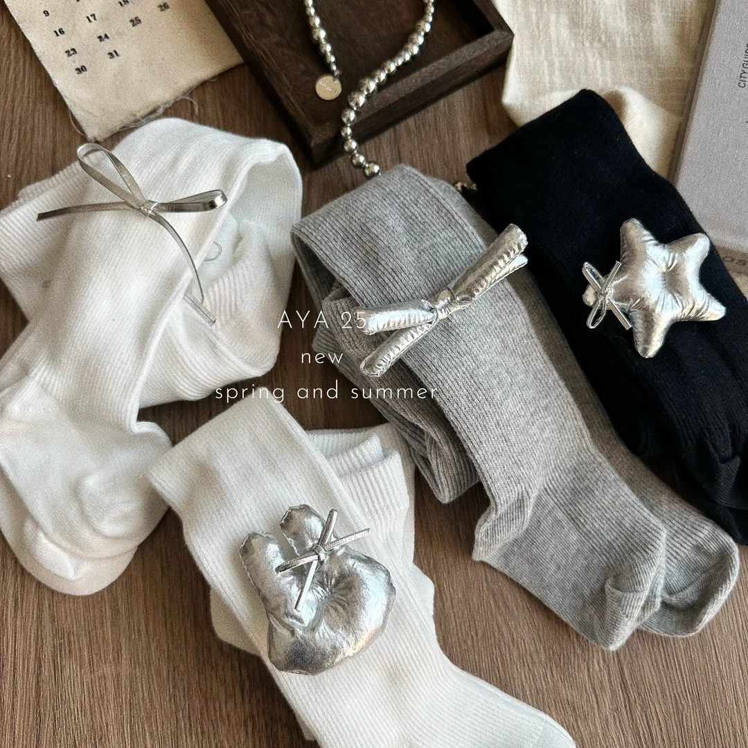 银色系洋气百搭星星小兔蝴蝶结玩偶女童连裤袜宝宝公主裙打底袜韩