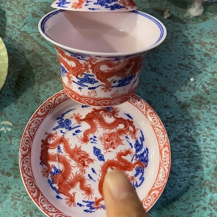 摆件陶红稀土九龙盖碗