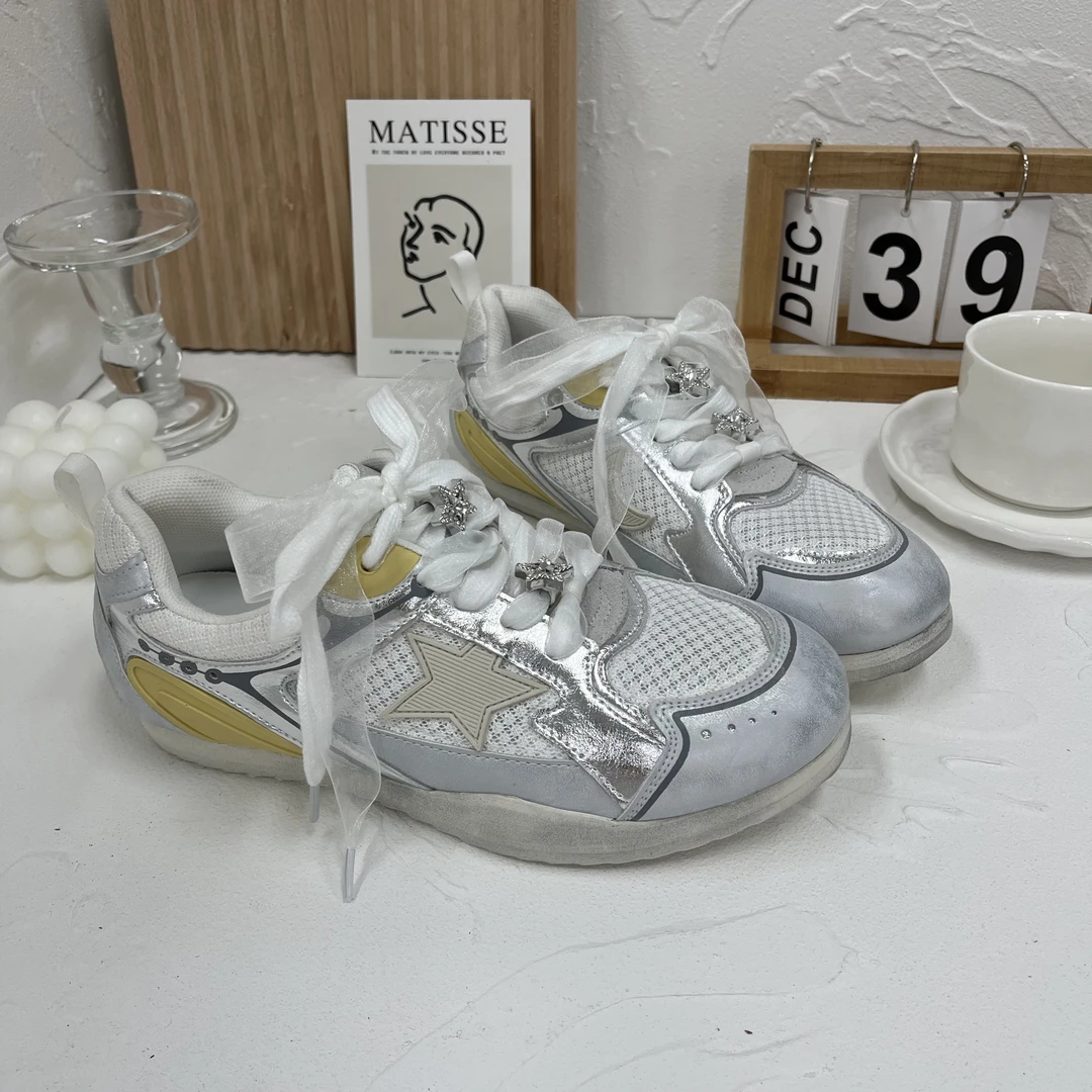 7703-3新款厚底星星网面透气时尚休闲鞋女百搭轻便运动鞋跑步鞋