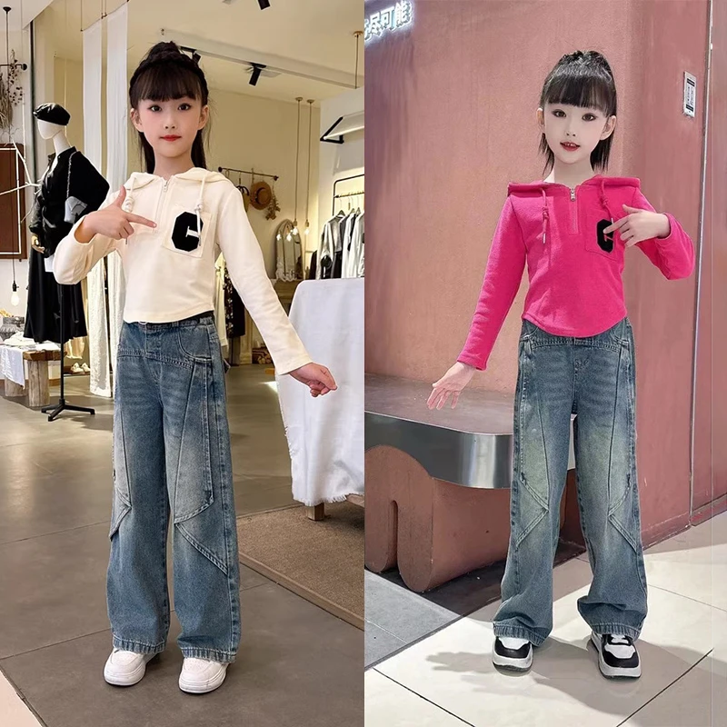 女童春季套装韩系百搭2025新款中大童女孩连帽卫衣牛仔裤两件套潮