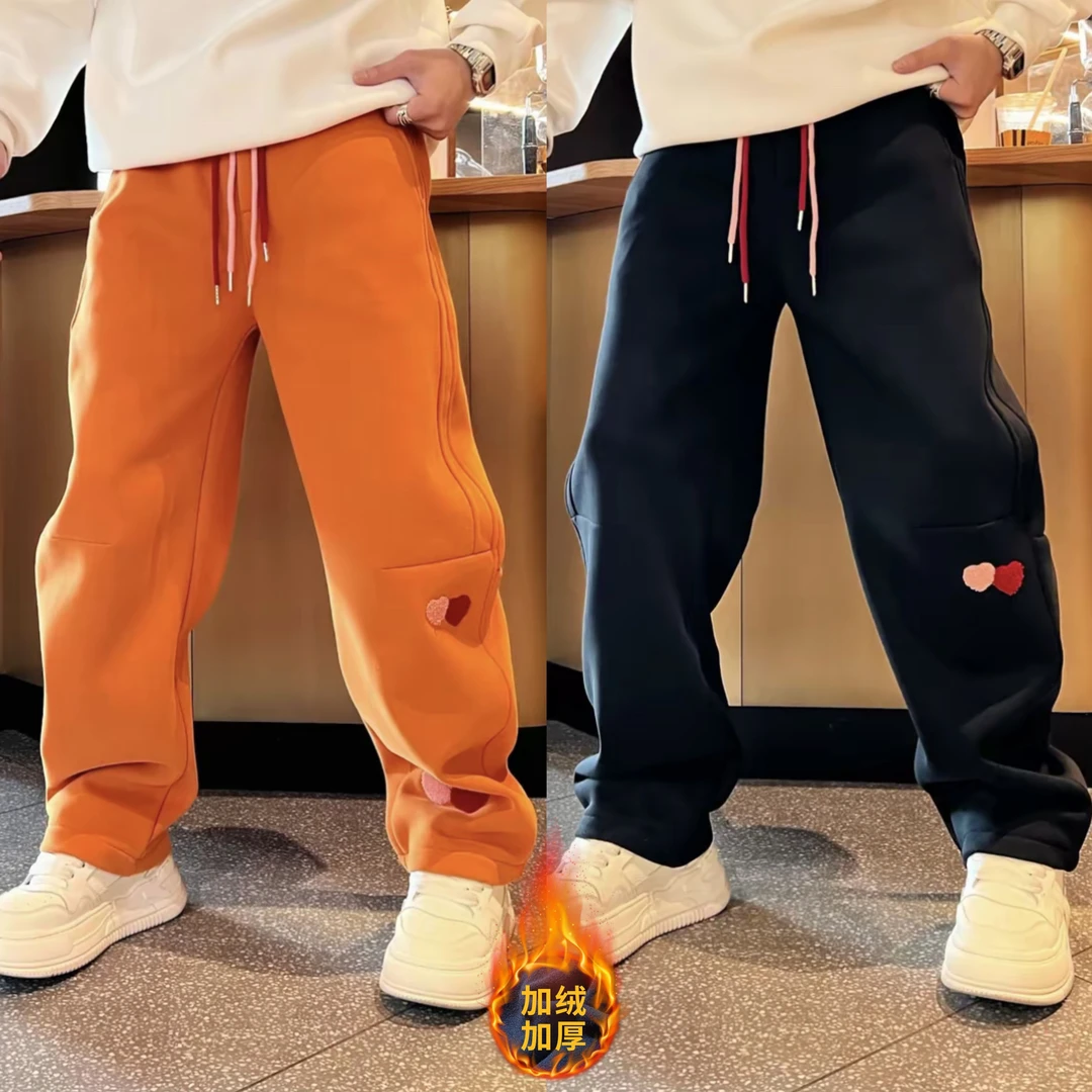 冬季新款加绒加厚植绒贴布刺绣直筒休闲裤男女同款时尚百搭卫裤