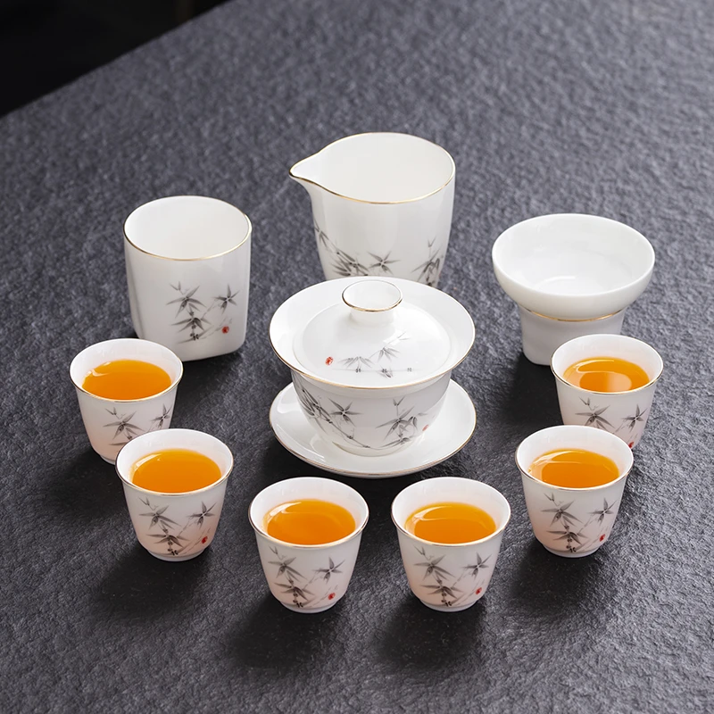 晟翔陶瓷茶具羊脂玉墨竹盖碗主人杯11件