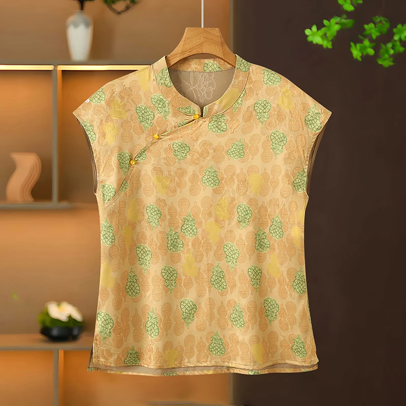 薄款提花上衣复古卡通日常唐装女装宽松无袖中国风