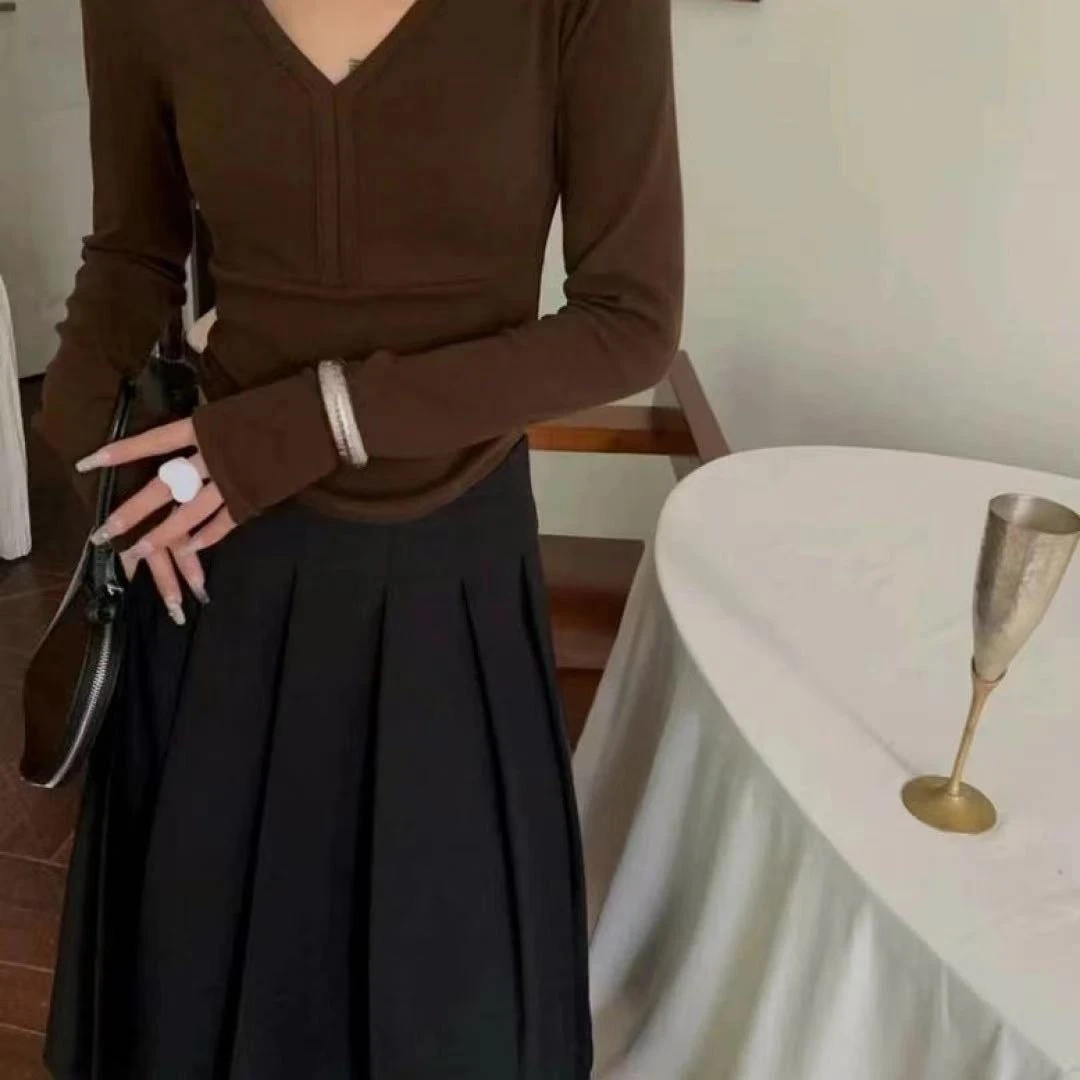 241041秋季V领纯色长袖T恤打底